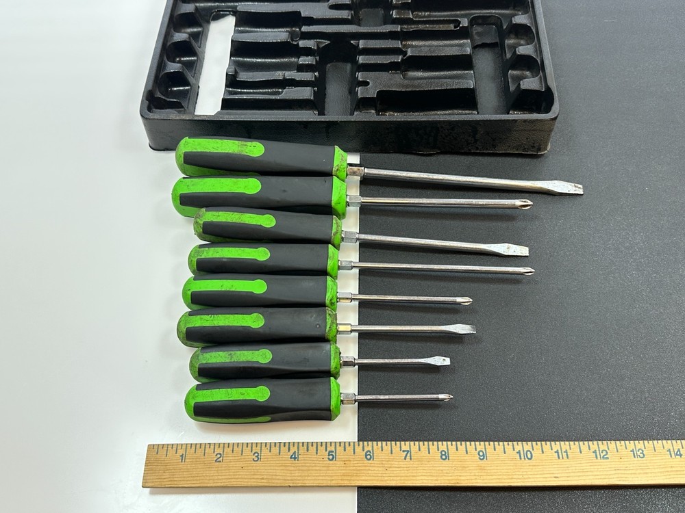 Cornwell Tools 8pc NEON GREEN Square Grip Flat Phillips Screwdriver Set w/ Tray