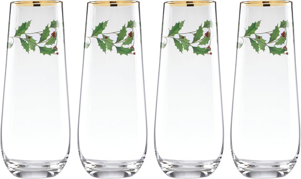 889237 Holiday 4-Piece Stemless Flute Set, Christmas Theme