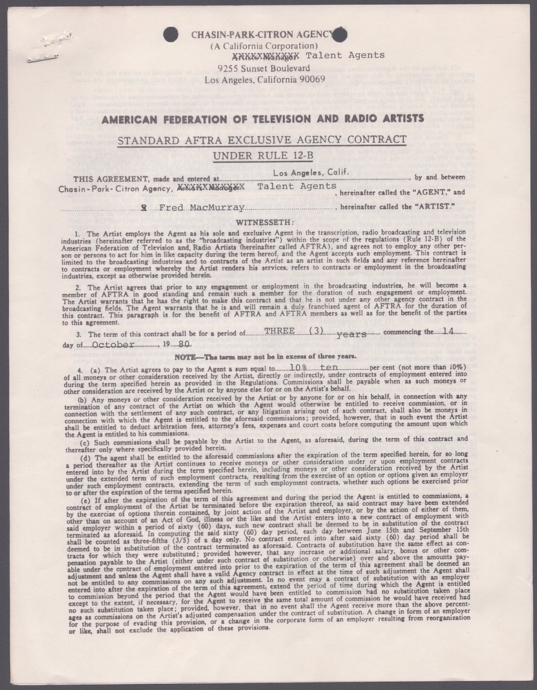 FRED MacMURRAY - CONTRACT SIGNED 10/14/1980