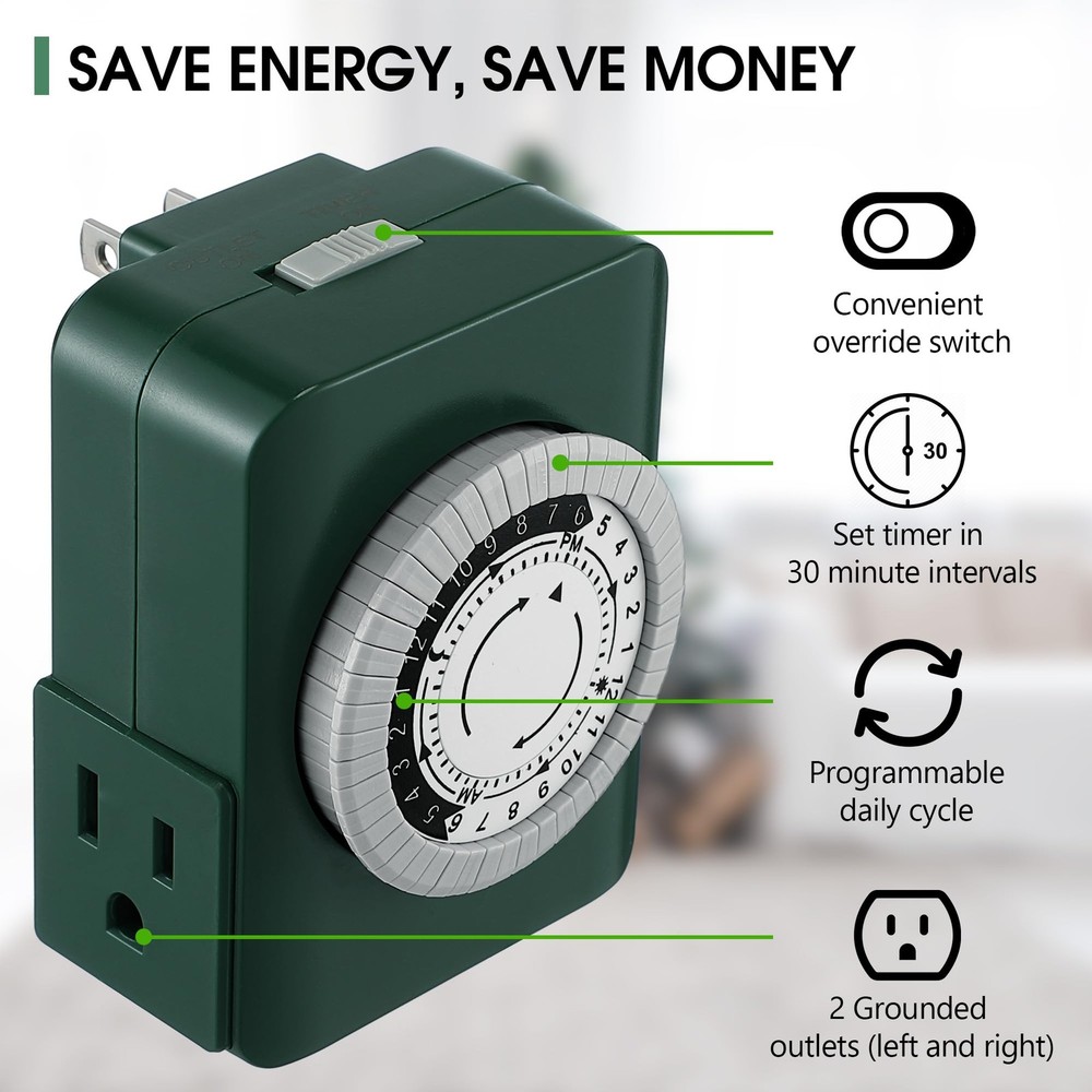 Dunkive 24 Hour 2 Grounded Outlets Mechanical Outlet Timer for Green