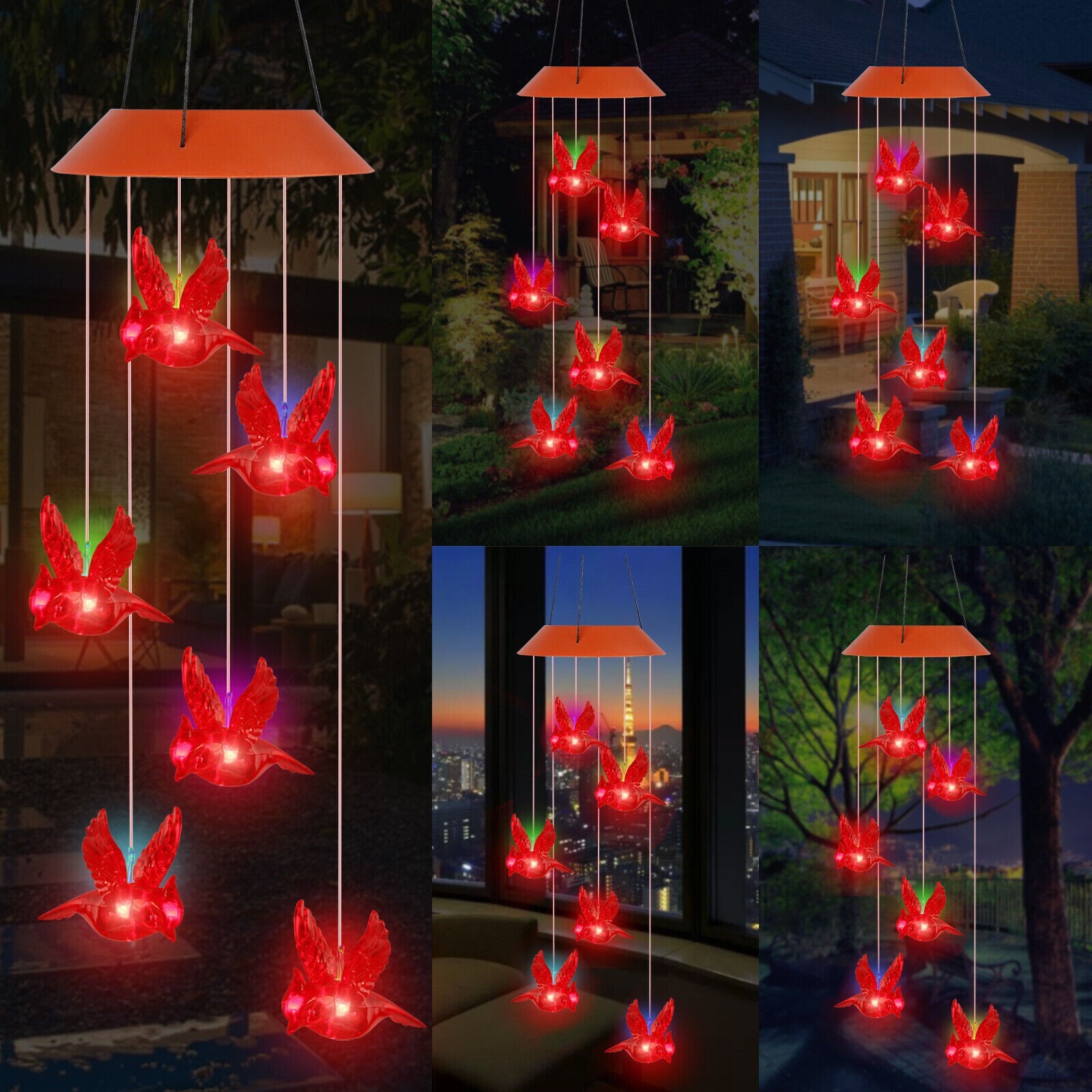 Solar Wind Chimes Lights LED Birds Color Changing Yard Hanging Cardinal Lamp US