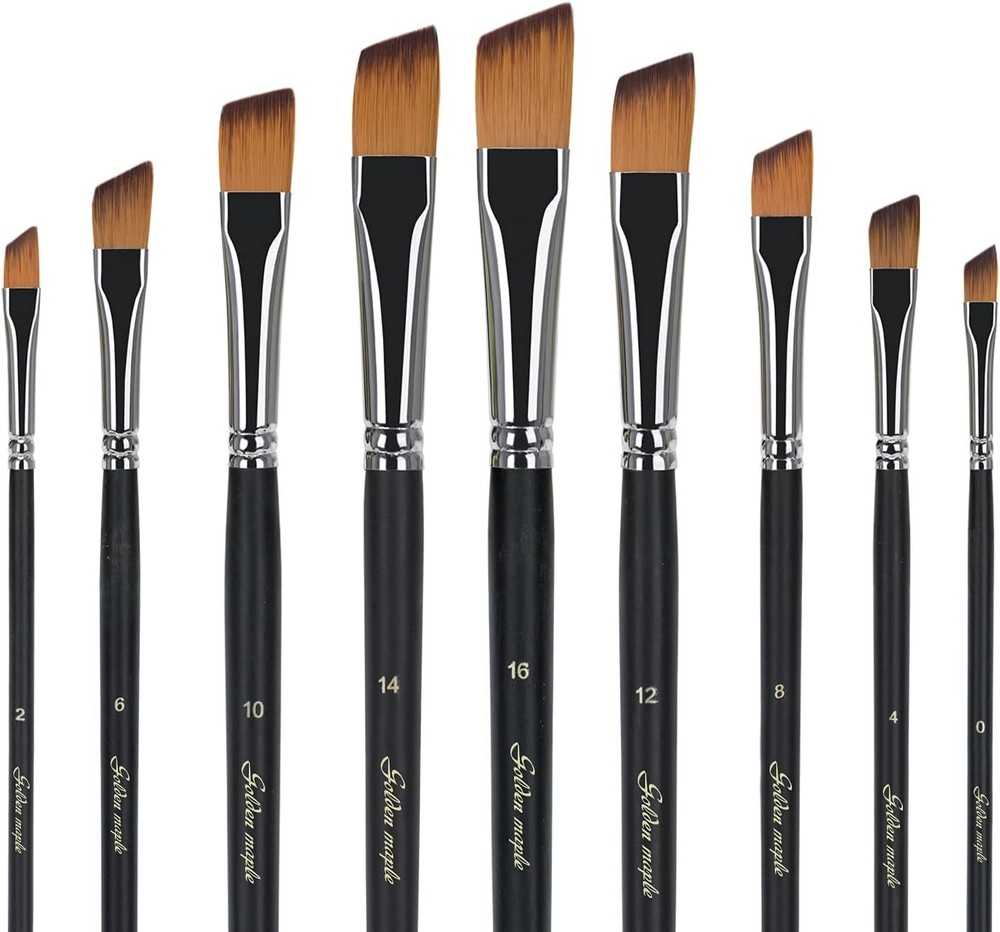 Golden Maple Angular Paint Brush, 9PC Oblique Tip Nylon Hair Long Handle