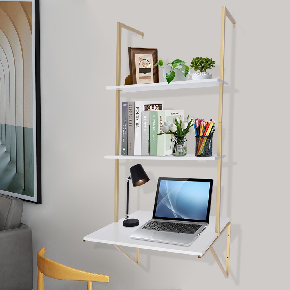 3 Layers Ladder Desk Computer Writing Table Floating Shelves Laptop Display Rack