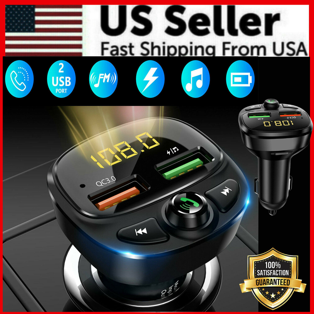 LOT 2 x Wireless USB Car Bluetooth 5.0 FM Transmitter QC3.0 Hands-free Radio AUX