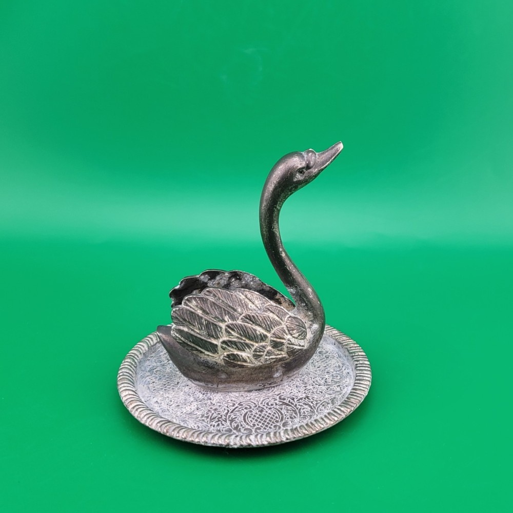Vintage Plated EP Zinc Silver Swan Trinket Dish Bird Ring Holder Vanity Decor