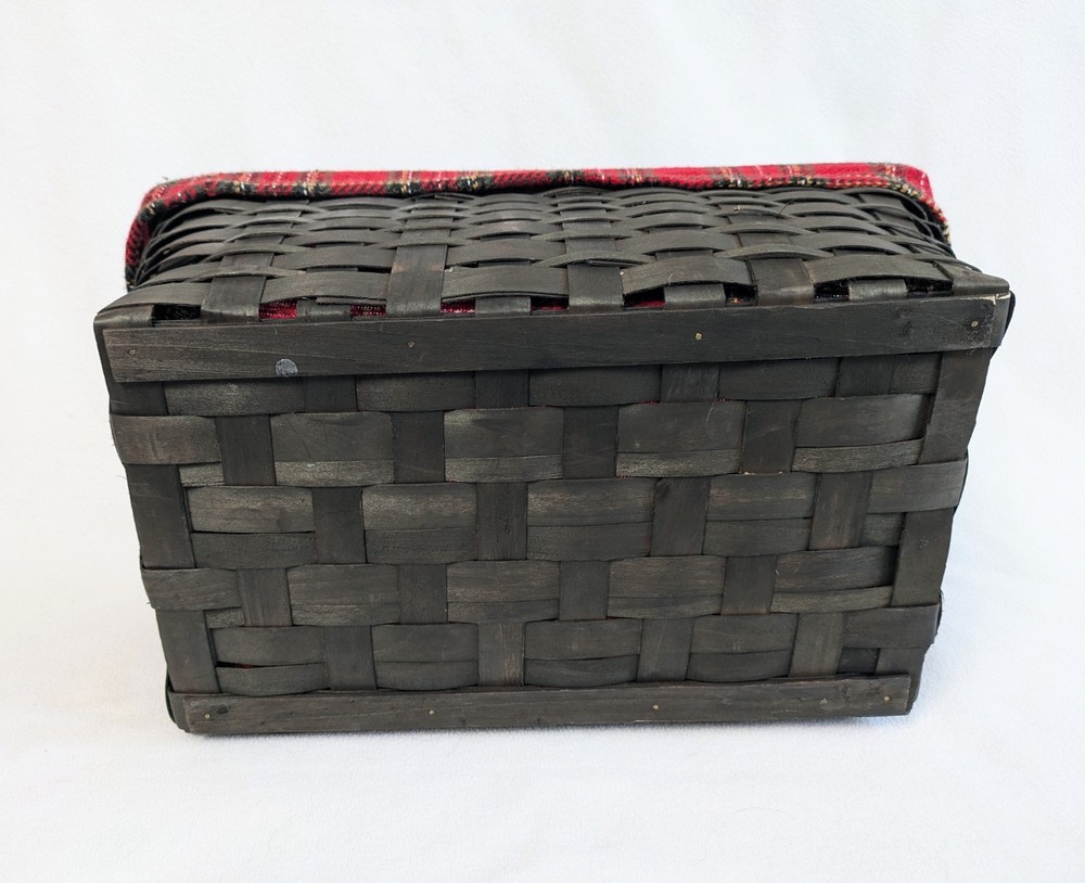 Split Reed Wicker Rectangle Nesting Baskets Holiday Plaid Fabric Lined Set Of 2