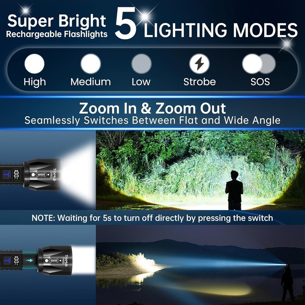 Rechargeable Flashlights High Lumens 2Pack, 5Mode Flash Light with LCD Digita...