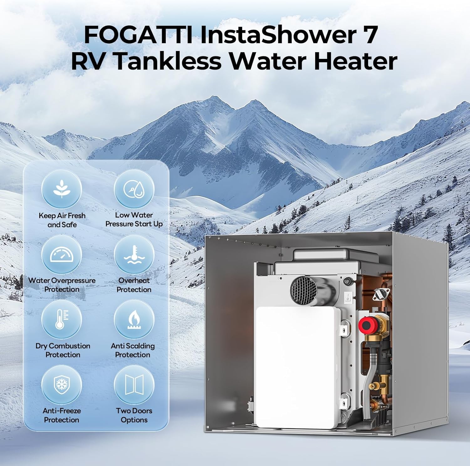 FOGATTI RV Tankless Water Heater InstaShower 7 with 15 x 18 in Black Door DC 12V