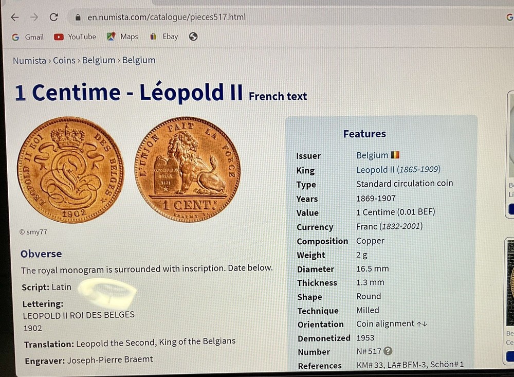 1869 BELGIUM 1 Cent ( High Grade )