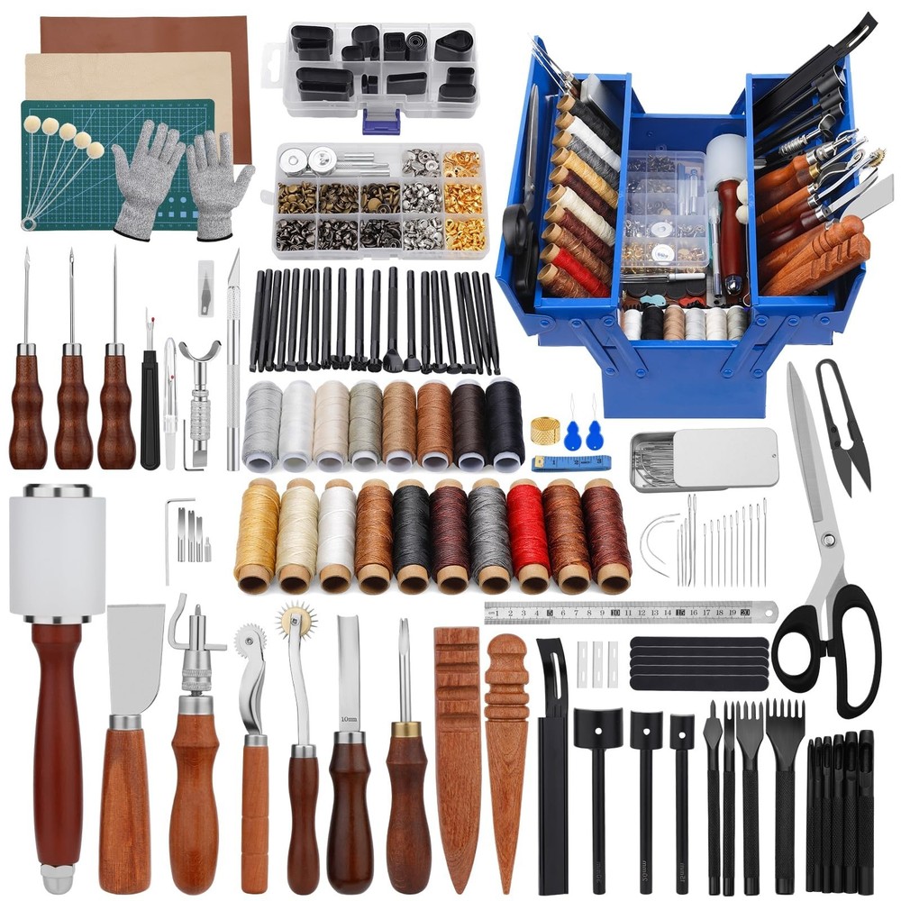 Leather Working Tools Kit, Leather Tooling Kit with Double Layer Storage Box,...