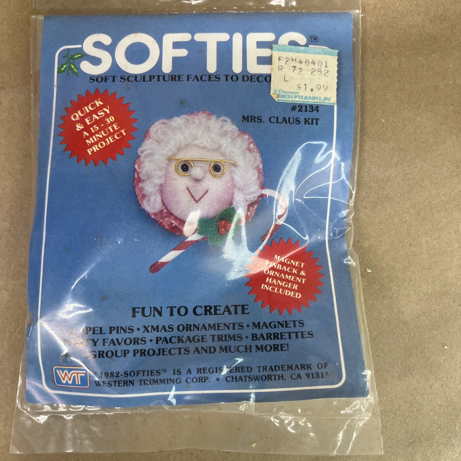 Vintage Softies "Mrs. Claus" #2134 Craft Kit: Magnet, Christmas Ornament or Pin