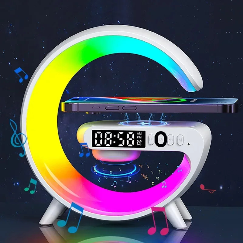 LED Atmosphere Night Light Speaker Clock Wireless Charger 6 Lighting Modes