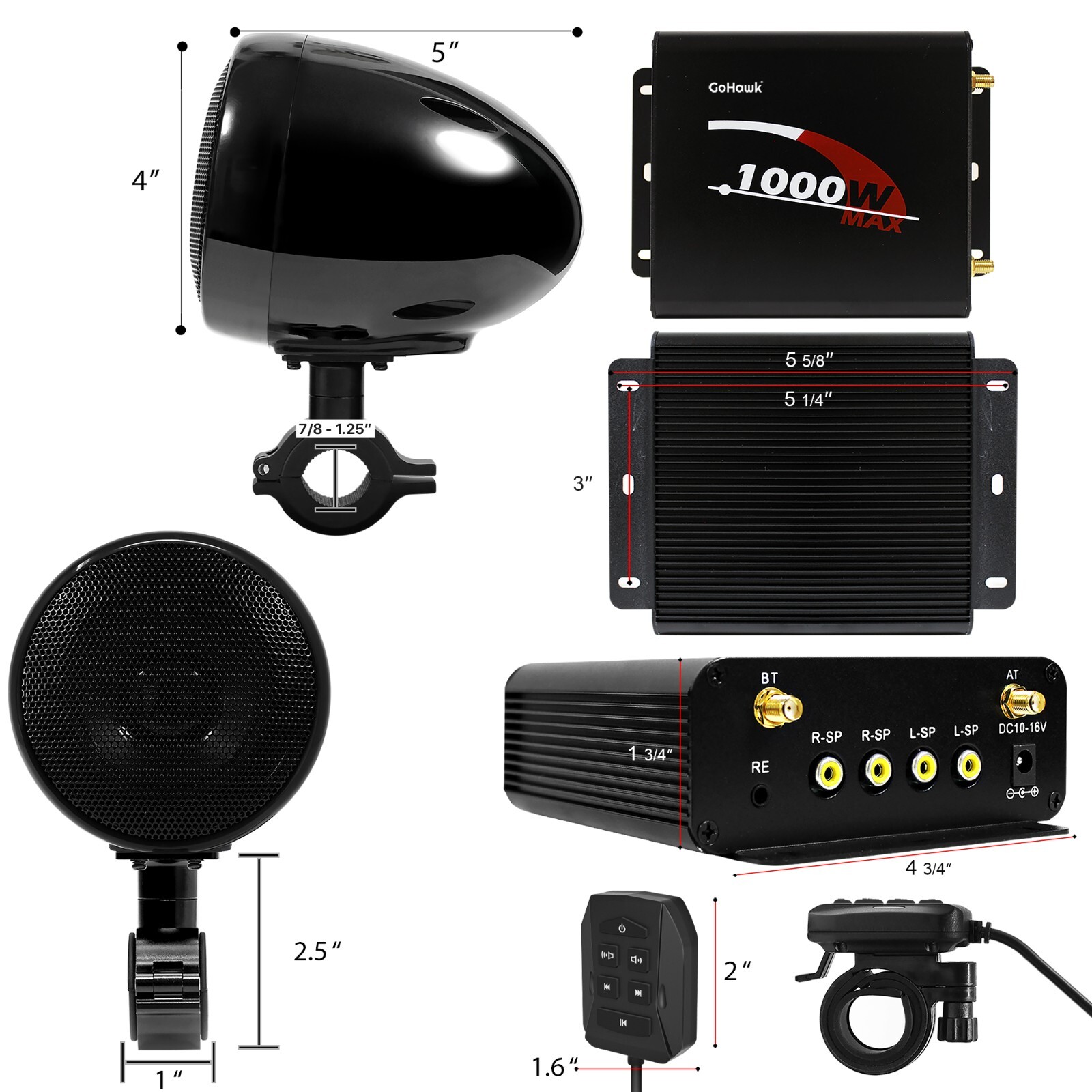 1000W Amp Waterproof Bluetooth Motorcycle ATV Stereo 4-CH Speakers Audio System