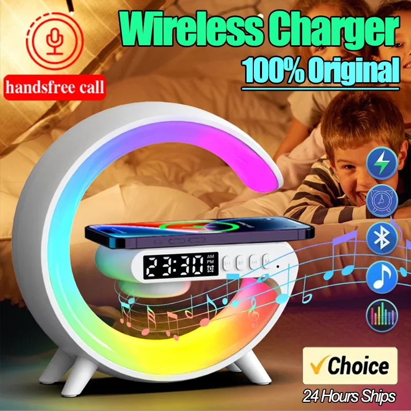 LED Atmosphere Night Light Speaker Clock Wireless Charger 6 Lighting Modes