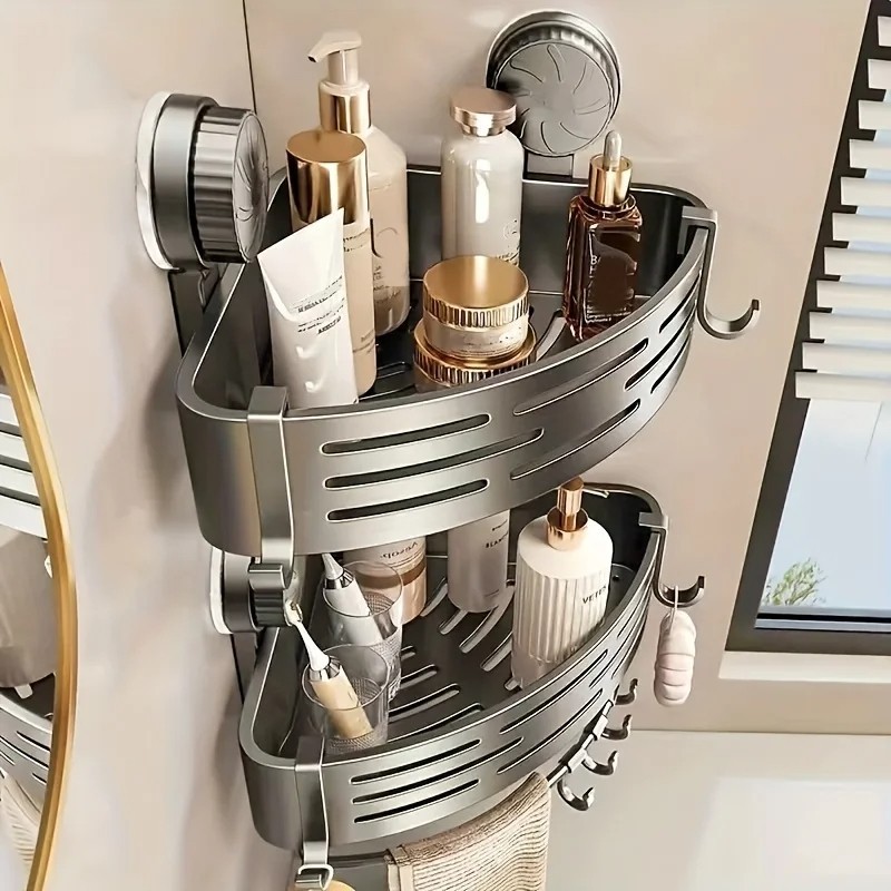 Corner Shower Shelf with Suction Cup – No Drill Bathroom Storage Rack with Hooks