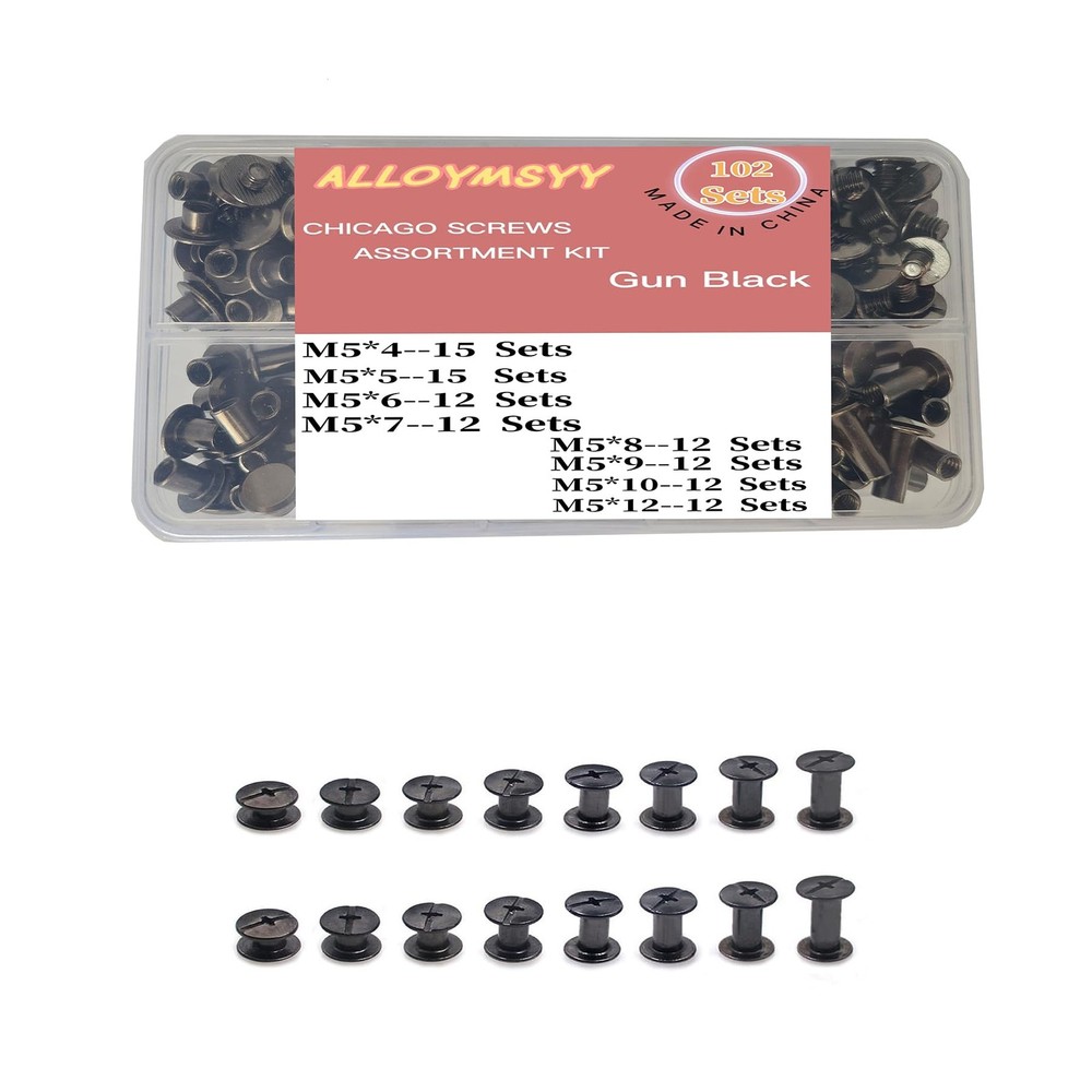 102 Sets Black Leather Rivets M5 Chicago Binding Screws Assorted Sizes Kit