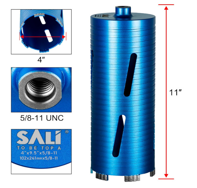 SALI Diamond Core Drill Bits 4" Diameter 10"/254mm Drilling Depth 5/8-11"