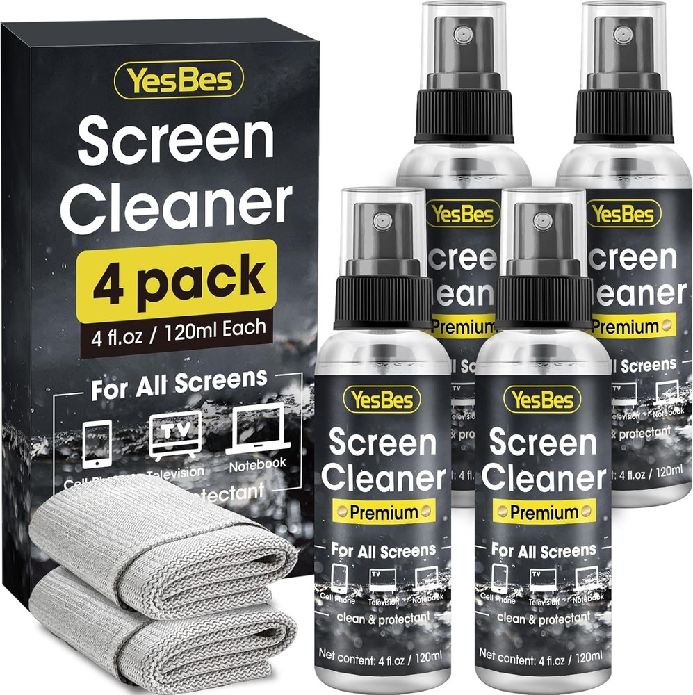 4 Pack 4oz Screen Cleaner Spray + 2 Microfiber Cloths – TV & Computer Use