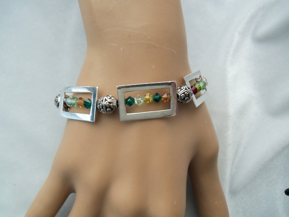 Vintage Multicolor Crystal Bead Center Openwork Rectangular Link Bracelet
