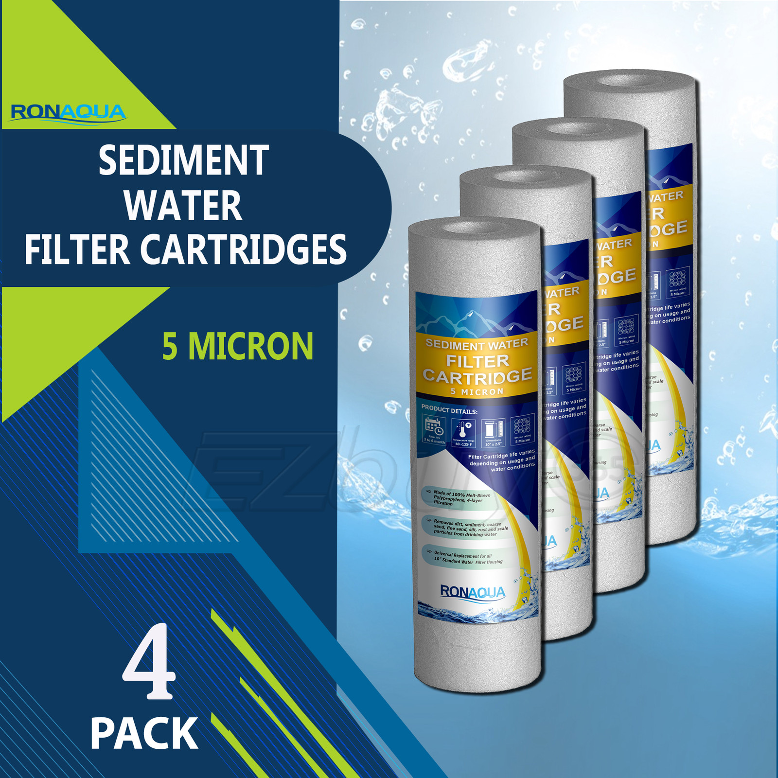 4 Pack Sediment 5 Micron Water Filters Cartridge 2.5" x 10" for Reverse Osmosis