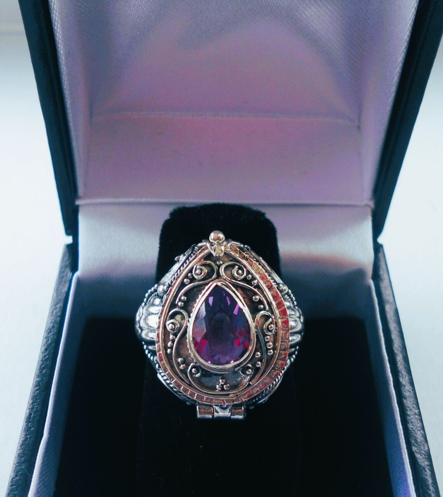 Handmade Sterling Silver Amethyst Tear Drop Poison Ring - Sizes 7-9-10