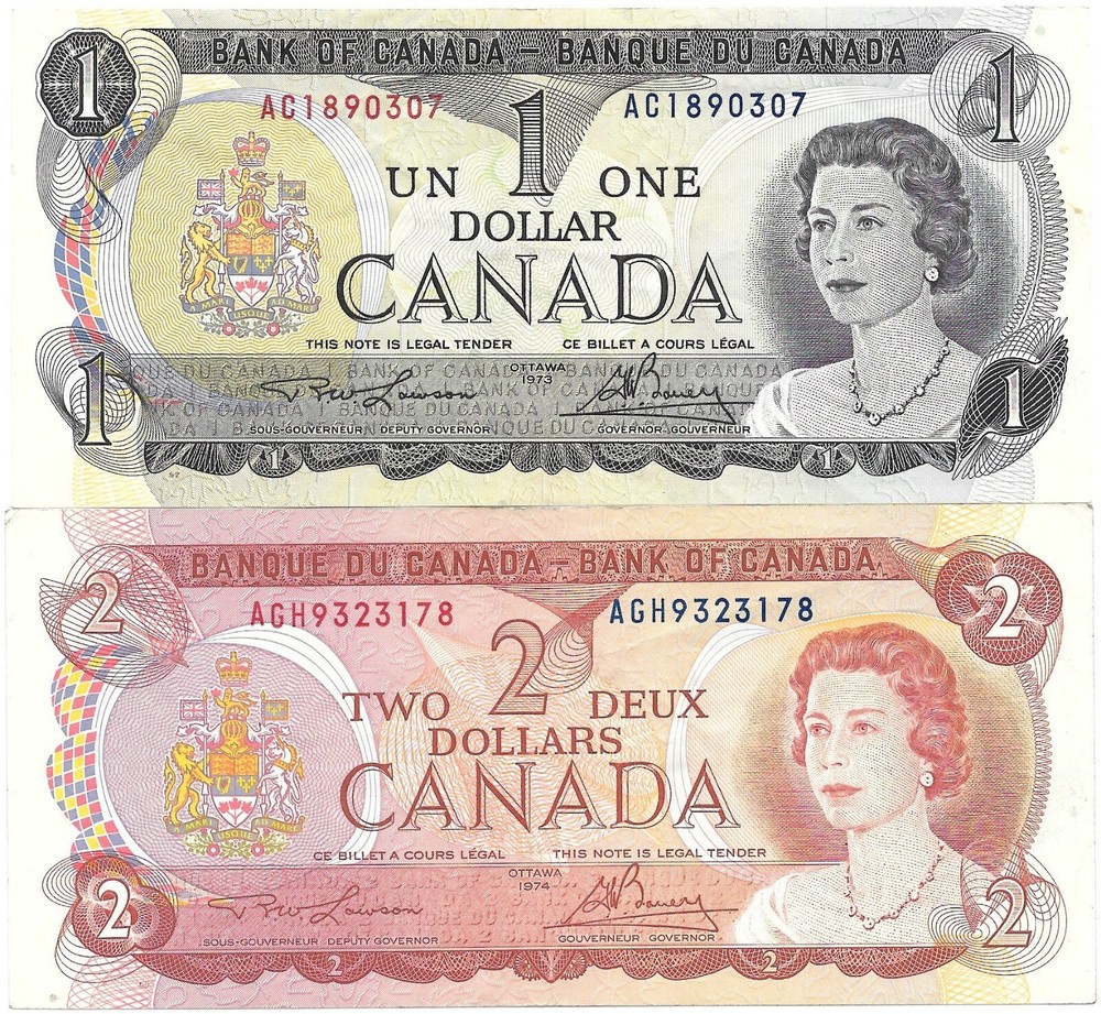 2 Different Canada Notes 1974 $2, and 1973 $1, Circulated