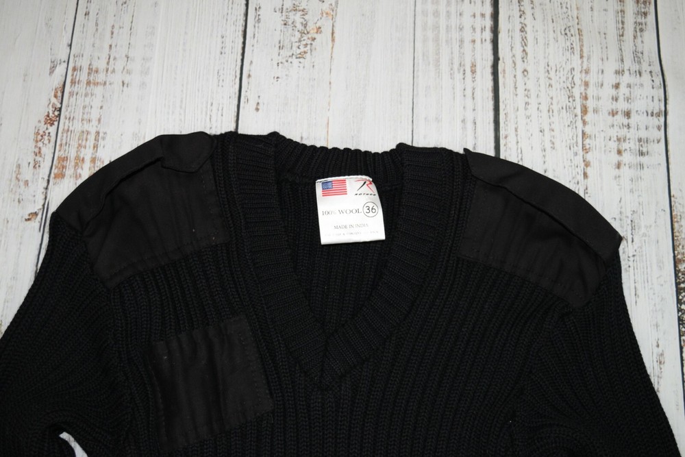 ROTHCO GI COMMANDO STYLE BLACK SWEATER PATCHED 100% WOOL PULLOVER OD SIZE 36 MEN
