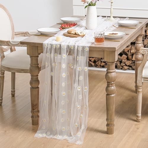 Embroidery Daisy Spring Summer Gauze Tablecloth 60"×84" (Rectangular) White