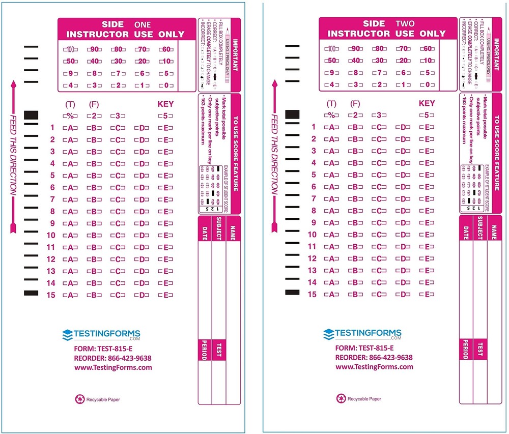 TEST-815E Double Sided 815 E 15 Question Compatible Testing Forms (500 Sheet ...