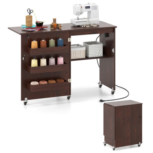 Sewing Machine Table with Charging Station and Lockable Casters-Brown - Color: B