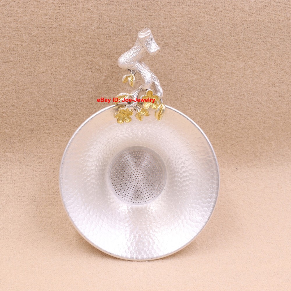 Solid 999 Fine Silver Tea Strainer Plum Blossom Handle Infuser for Leaf Tea