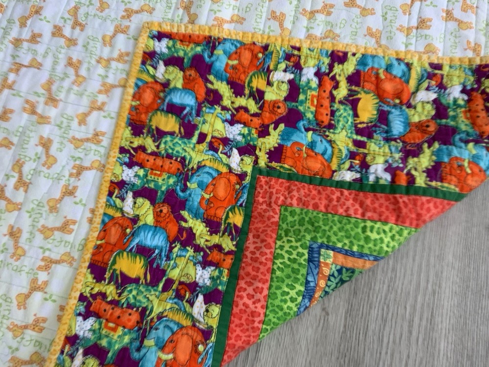Patchwork Crib Quilt, Hand Made, Log Cabin, Animal Prints, Multi Color