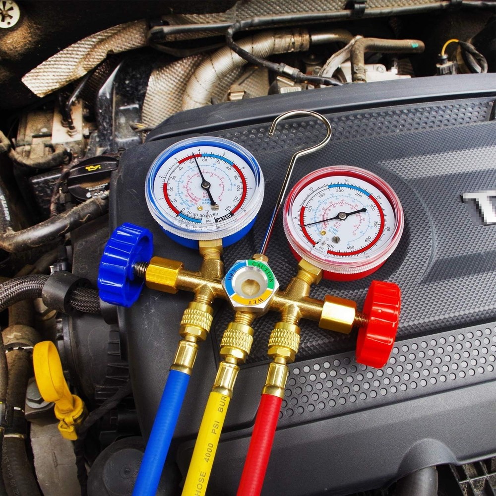 Efficient AC Manifold Gauge Set with Can Tap & Quick Couplers for Easy Operation