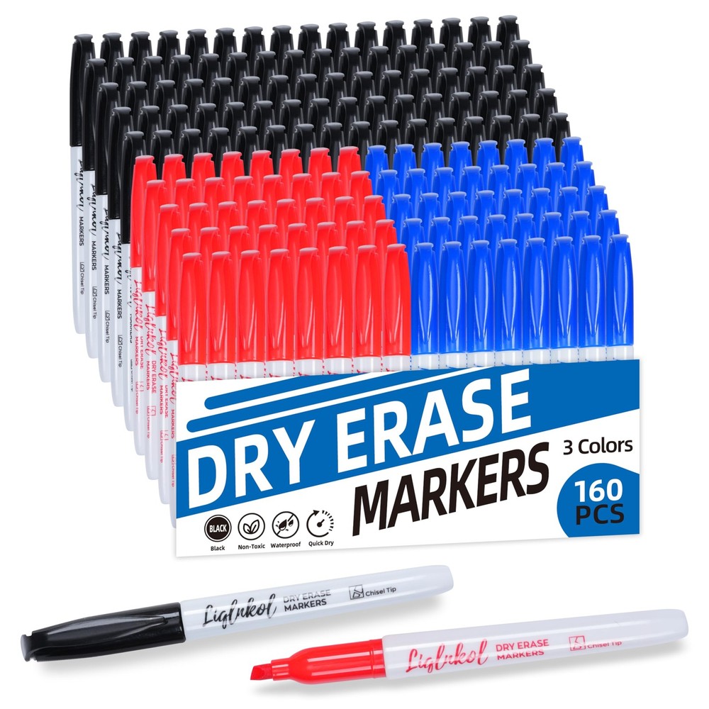 Dry Erase Markers Bulk 160 Pack 3 Assorted Colors, Chisel Tip Whiteboard Mark...