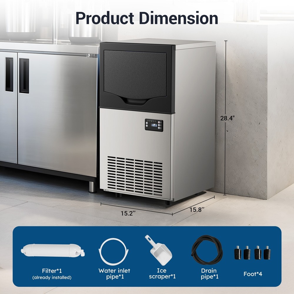 Commercial Ice Maker Machine | 100LBS/24H Output, 3 Adjustable Thickness & 33LBS