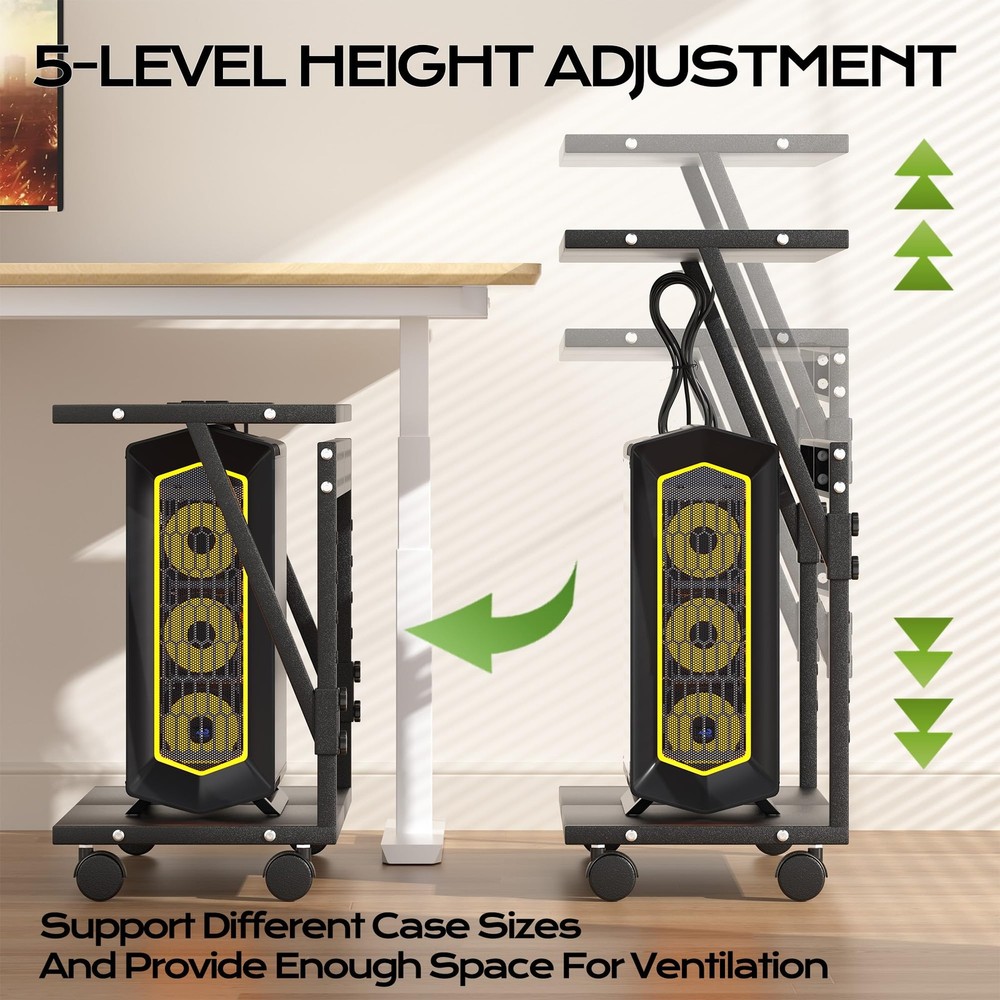24In Large PC Stand, 5 Levels Height Adjustable Computer Tower Stand with Chargi