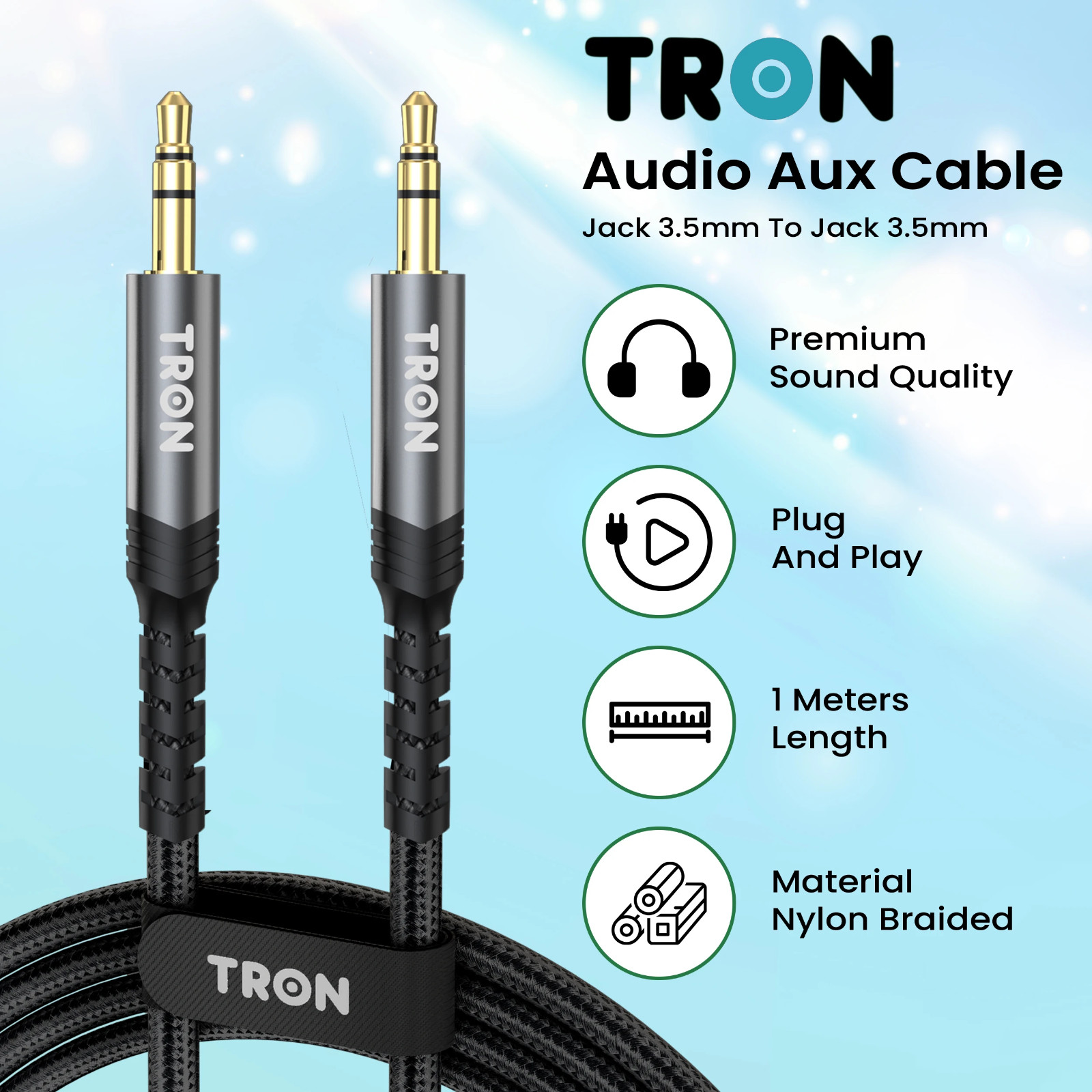 TRON Braided AUX Audio Cable (USB-C, L & Aux) – 5FT, Black