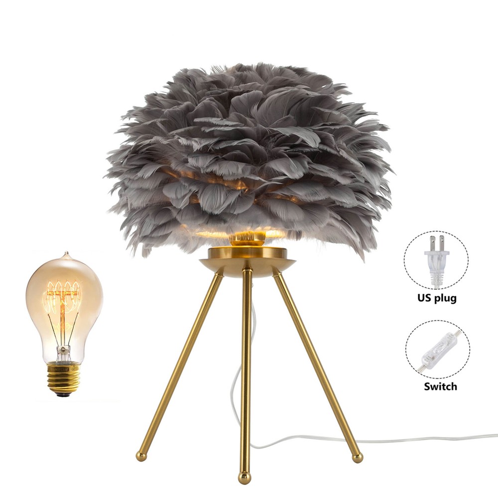 Gray Feather Table Lamp Tripod Lamp, Feather Lamp, Table Light Hand Control US~！