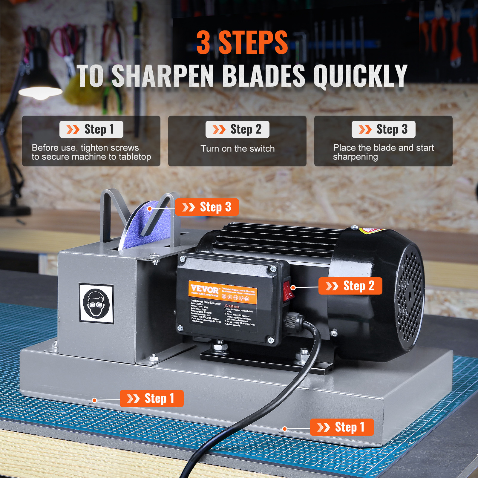 Lawn Mower Blade Sharpener 2/3HP 500W with 7-inch Ceramic Grinding Wheel