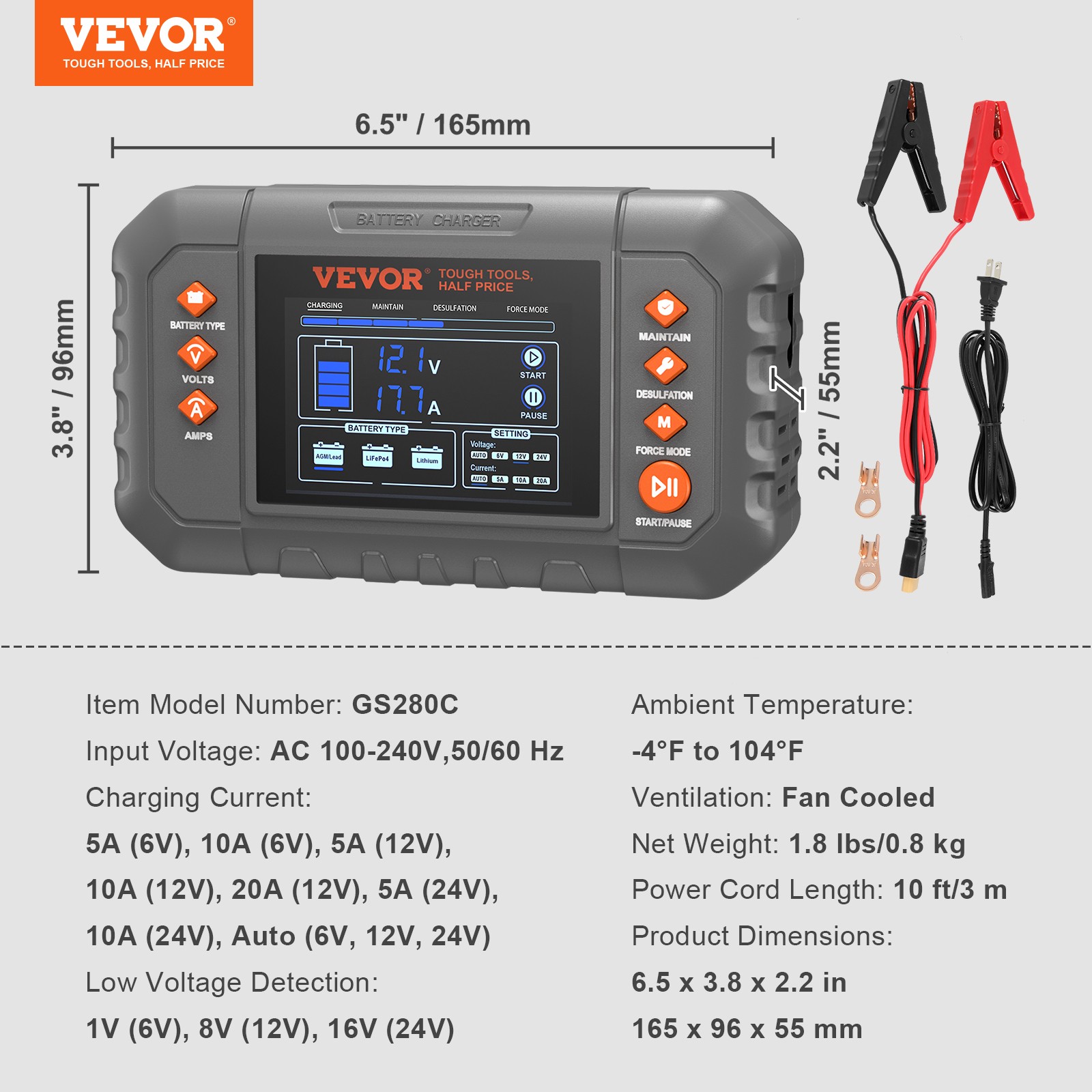 VEVOR Smart Battery Charger 20A Lithium LiFePO4 Lead-Acid Car Battery Charger