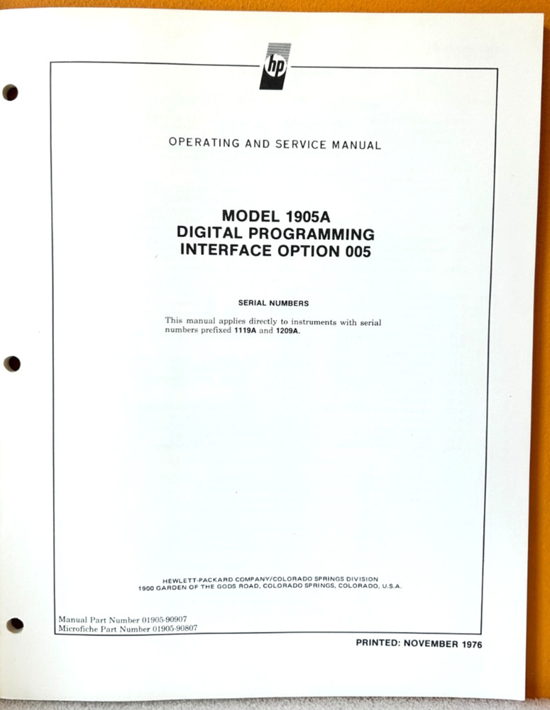 HP 005-01905-90907 Model 1905A Digital Programming Interface Option 005 Manual.