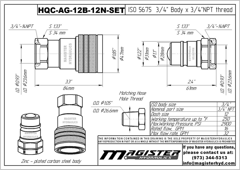 3/4″ AG Hydraulic Quick Couplers Set - 3/4″ NPT Thread