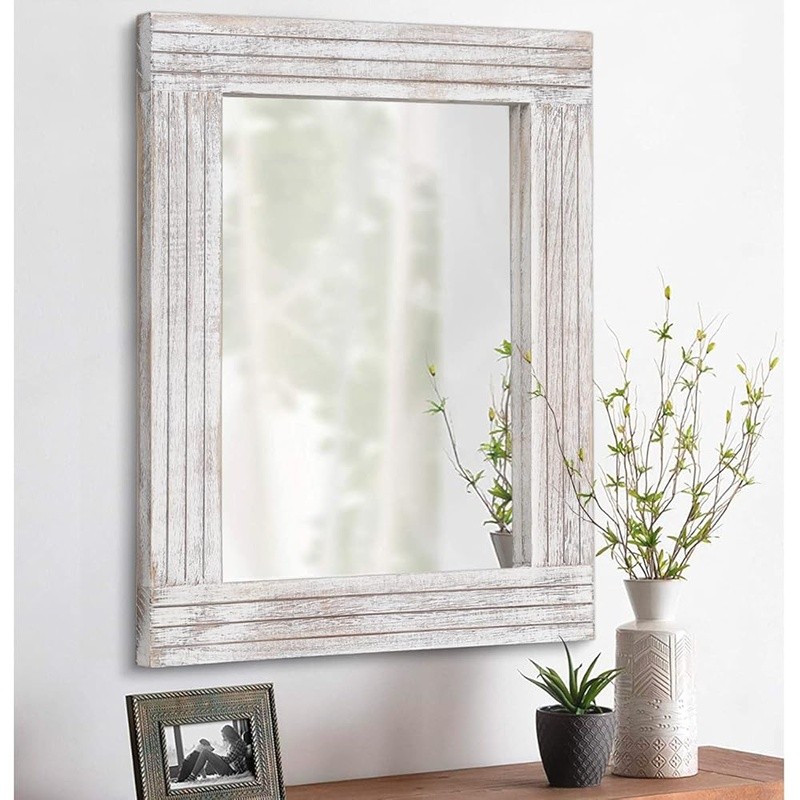 Rustic Wooden Wall Mirror Rectangular Frame Durable Decorative Accent Home Decor