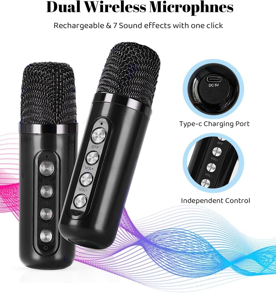 Karaoke Machine with 2 Wireless Microphones Portable Bluetooth 5.0 Speaker Light