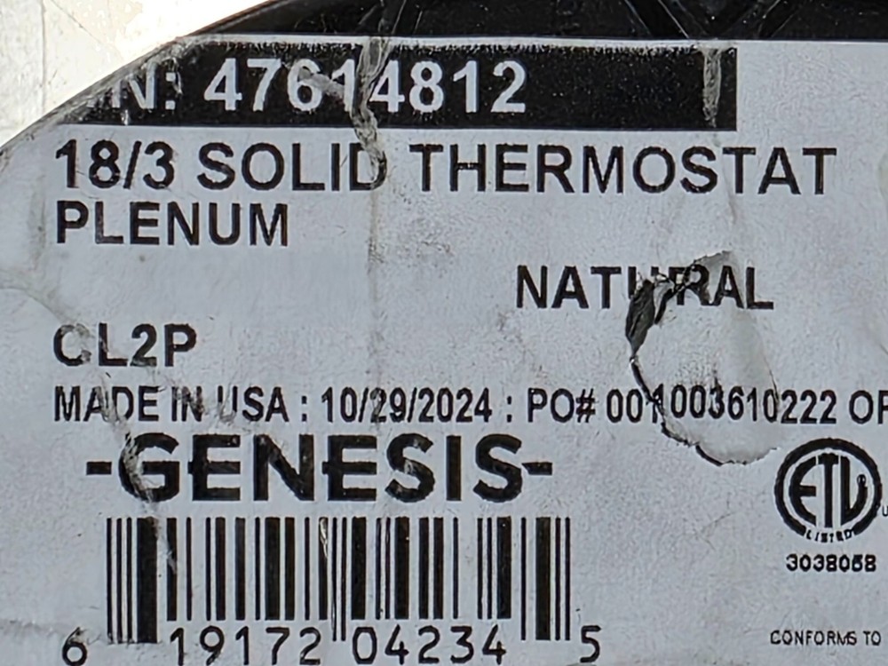 Honeywell Genesis 4761 18/3C Solid Plenum Thermostat Cable CL2P White /50ft