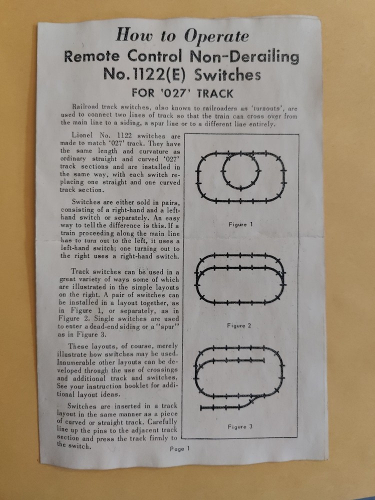 Lionel Post Remote Control 1122 Switches Instruction Sheet Dated 1-60 Original