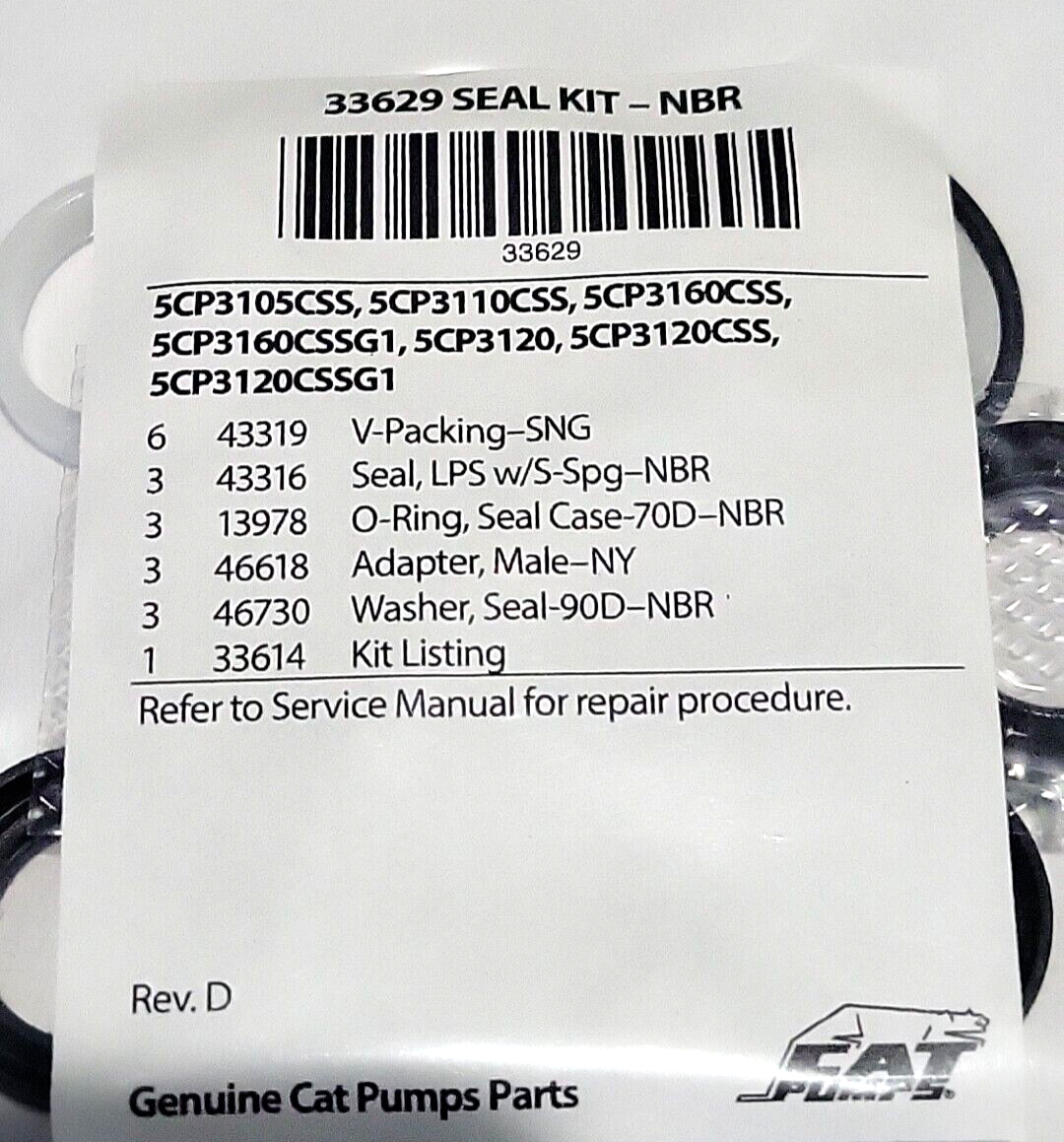 Cat Pumps Seal Kit 33629 For 5CP3120, 5CP3120CSS, 5CP3120CSSG1