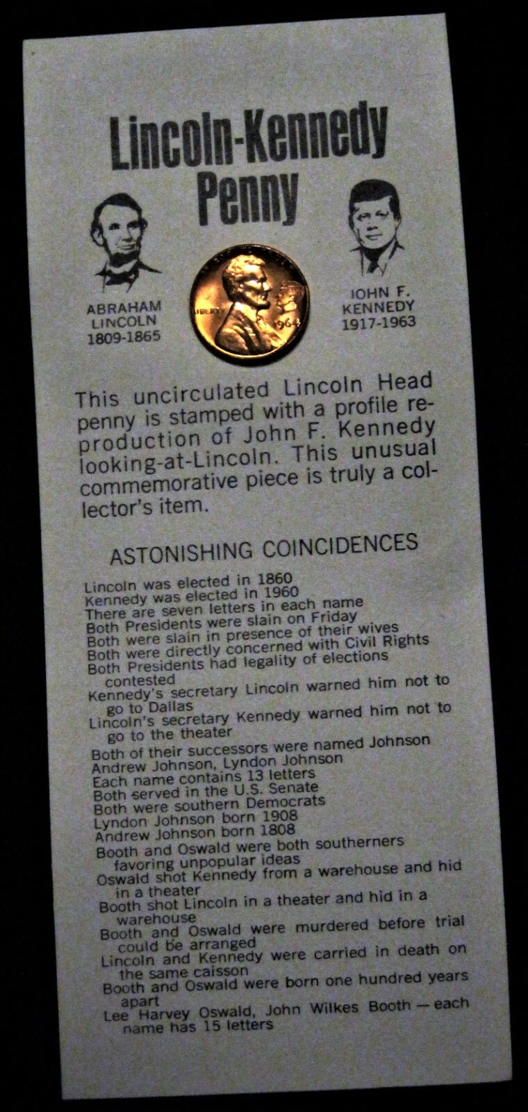 Red Unc 1964 Lincoln Kennedy Penny Astonishing Coincidences JFK Cent Card