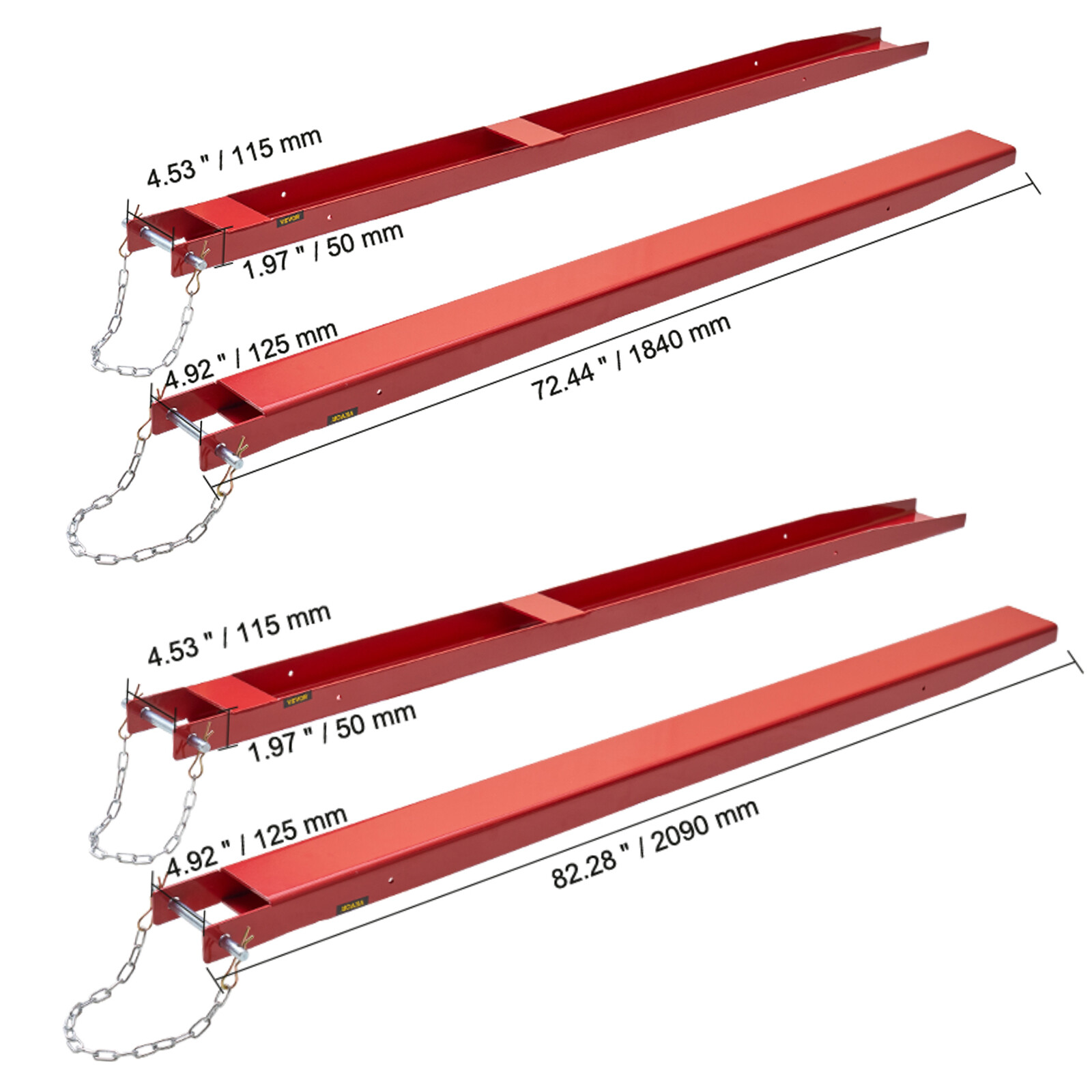 VEVOR Pallet Fork Extensions Forklift 72" x 4.5"/82" x 4.5" Heavy Duty with Pins