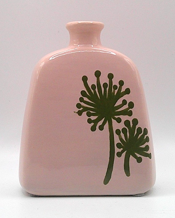 Pale Blush Pink Hand Painted Ceramic Bottle Vase w/Green Stylized Dandelions